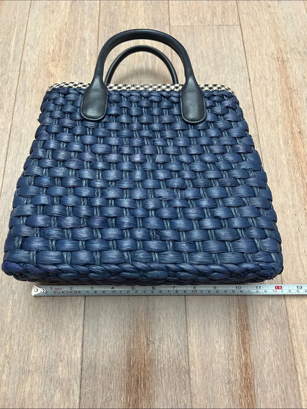 Talbots Navy Woven Tote with Black Faux Leather Handles and gingham lining